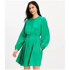 $135 LOFT Ann Taylor 12 Seamed Belted Mini Flare Dress Green Long Sleeve Spring